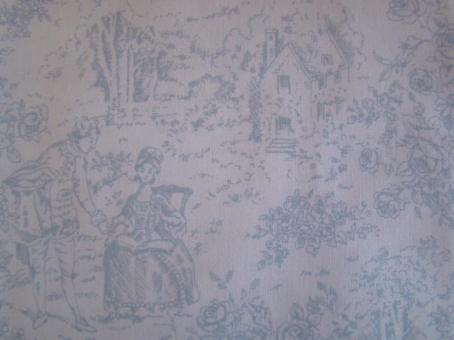 Coupon de coton imprimé fond écru avec romantique motif toile de Jouy bleu gris