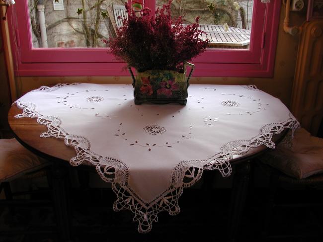 Wonderful tablecloth with Colbert embroidery and Cluny bobbin lace 1900