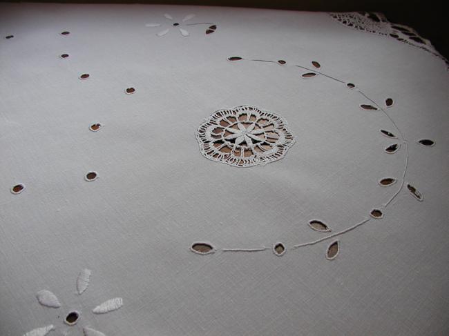 Wonderful tablecloth with Colbert embroidery and Cluny bobbin lace 1900