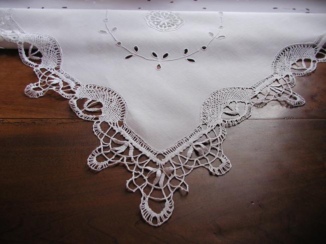 Wonderful tablecloth with Colbert embroidery and Cluny bobbin lace 1900