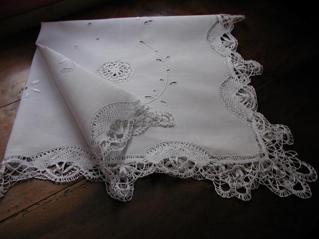 Wonderful tablecloth with Colbert embroidery and Cluny bobbin lace 1900