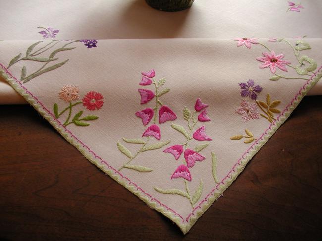 Fabulous tablecloth with rich hand embroidered summer flowers