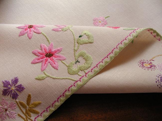 Fabulous tablecloth with rich hand embroidered summer flowers