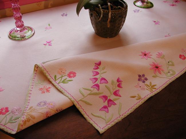 Fabulous tablecloth with rich hand embroidered summer flowers