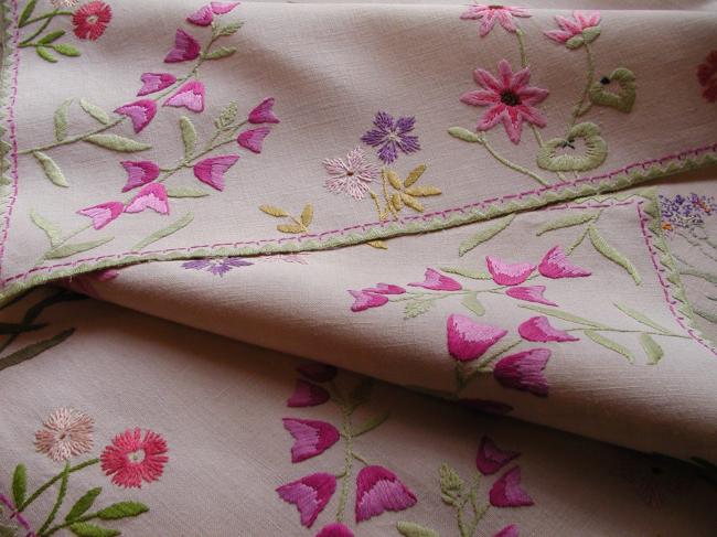 Fabulous tablecloth with rich hand embroidered summer flowers