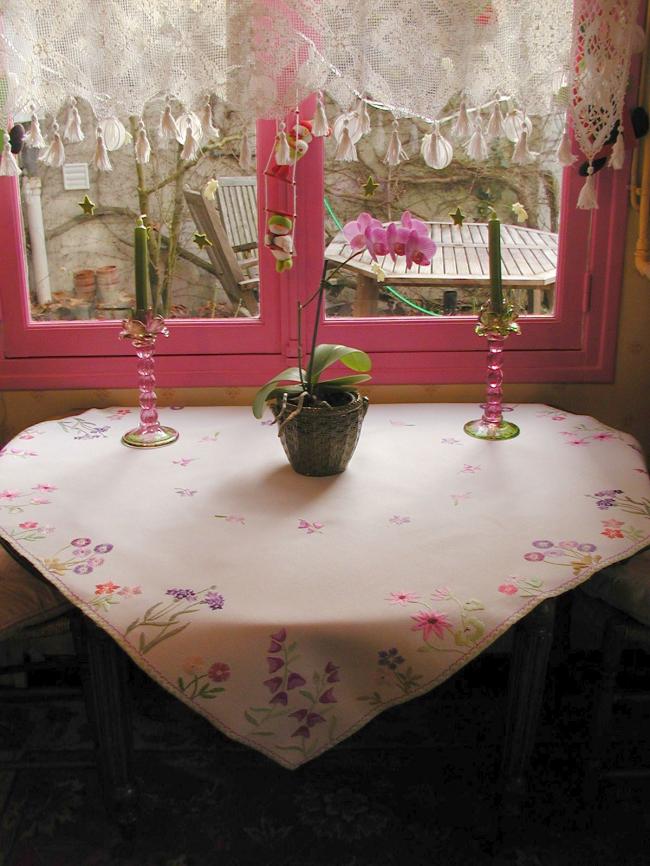 Fabulous tablecloth with rich hand embroidered summer flowers