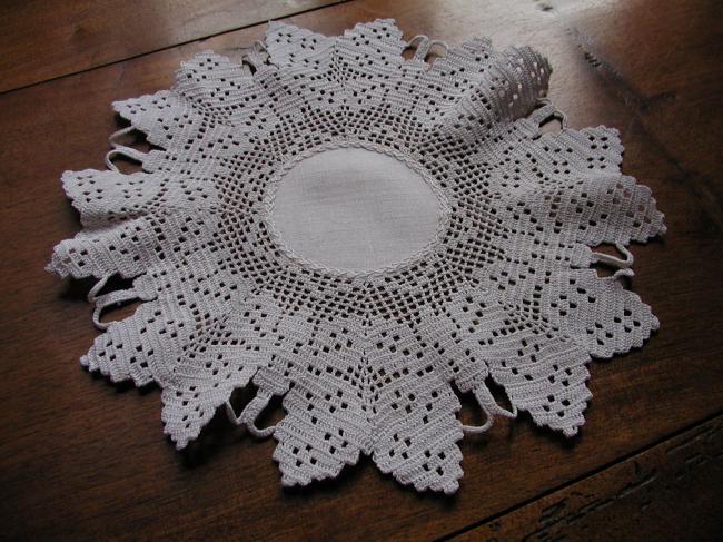 Stunning round doily with crochet lace depicting butterflies