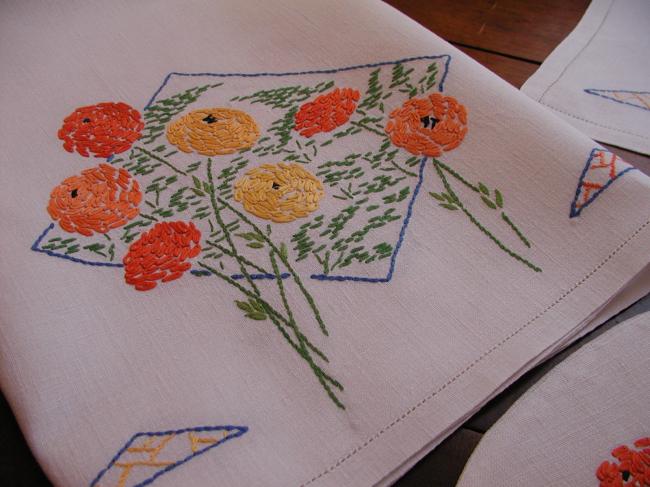 Lovely tea set with tea cosy, tablecloth and tray cloth with embroidered Flowers