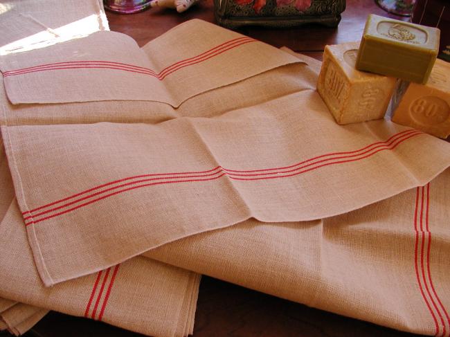 6 Gorgeous french tea towels 'torchons' in hemp and pure linen, red stripes