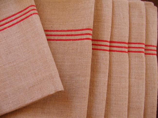 6 Gorgeous french tea towels 'torchons' in hemp and pure linen, red stripes