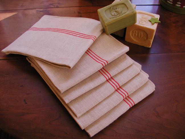 6 Gorgeous french tea towels 'torchons' in hemp and pure linen, red stripes