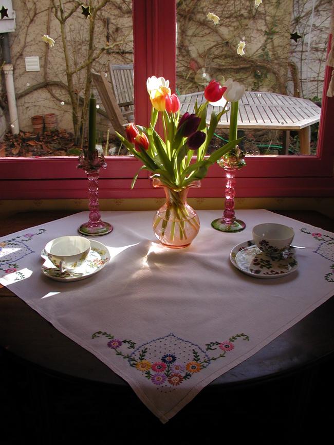 Lovely colourful tablecloth with embroidered flowers