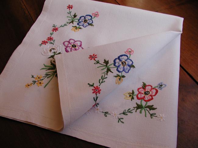 Stunning hand embroidered anemones tablecloth with acidulous colors