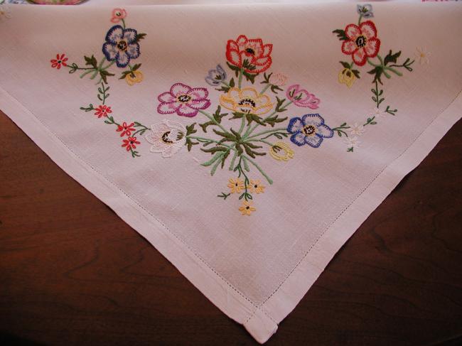 Stunning hand embroidered anemones tablecloth with acidulous colors