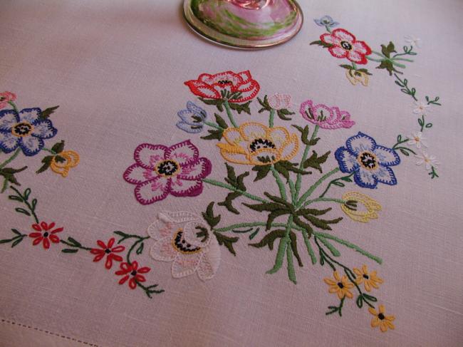 Stunning hand embroidered anemones tablecloth with acidulous colors