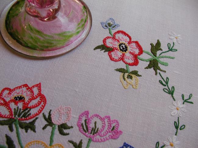 Stunning hand embroidered anemones tablecloth with acidulous colors