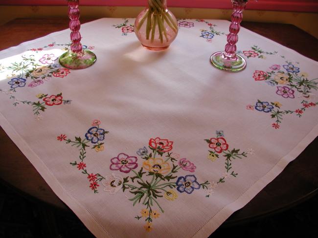 Stunning hand embroidered anemones tablecloth with acidulous colors