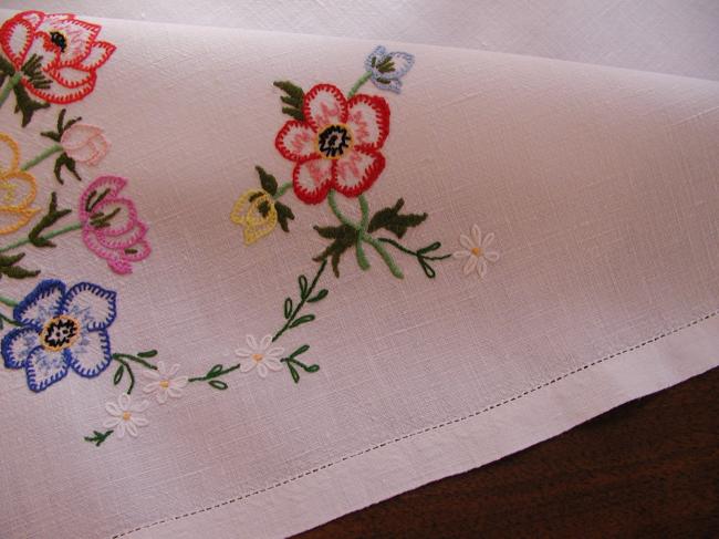 Stunning hand embroidered anemones tablecloth with acidulous colors