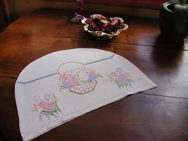 Lovely tea cosy with an embroidered basket of spring flowers