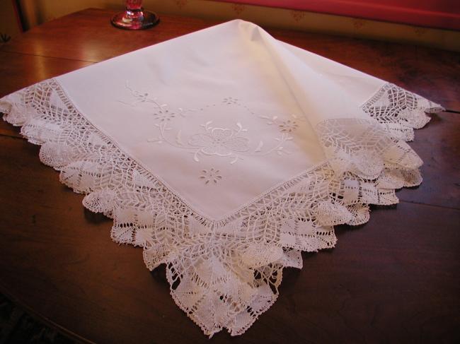 Gorgeous tablecloth with Colbert open& white works with bobbin lace edging