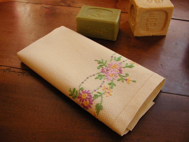 Lovely hand towel with embroidered violet spring flowers