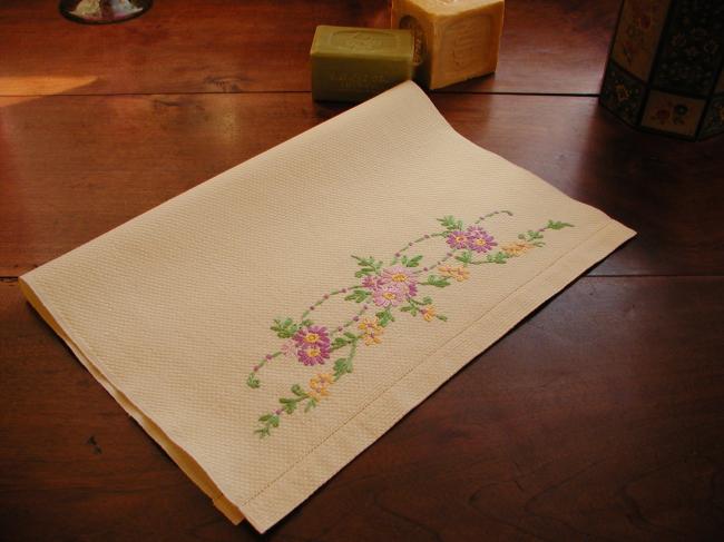 Lovely hand towel with embroidered violet spring flowers