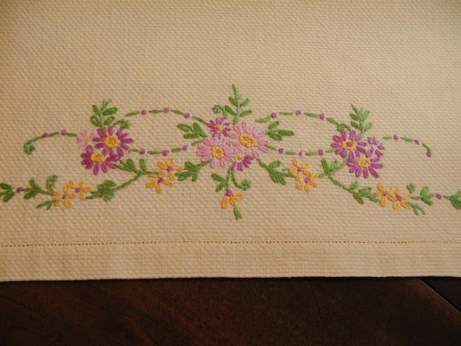 Lovely hand towel with embroidered violet spring flowers