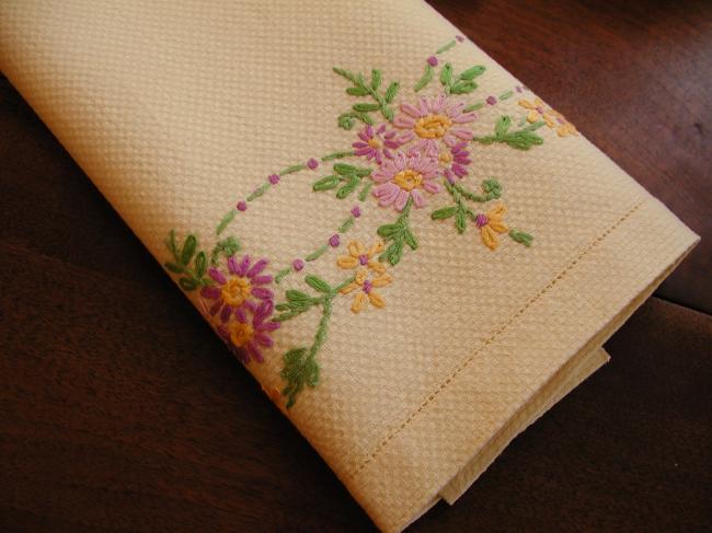 Lovely hand towel with embroidered violet spring flowers