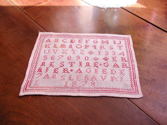 Lovely sampler in red cross stitches, made in 8th april 1878, Ernestine Garnier