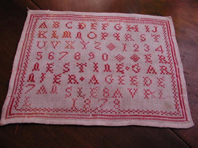 Lovely sampler in red cross stitches, made in 8th april 1878, Ernestine Garnier