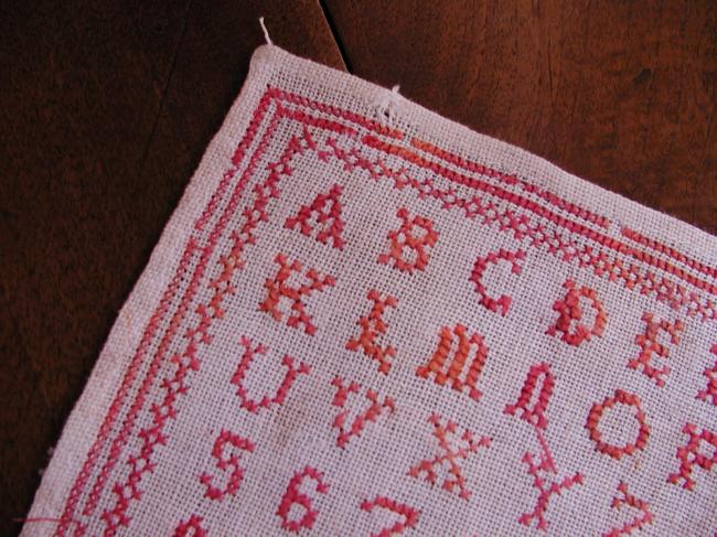 Lovely sampler in red cross stitches, made in 8th april 1878, Ernestine Garnier