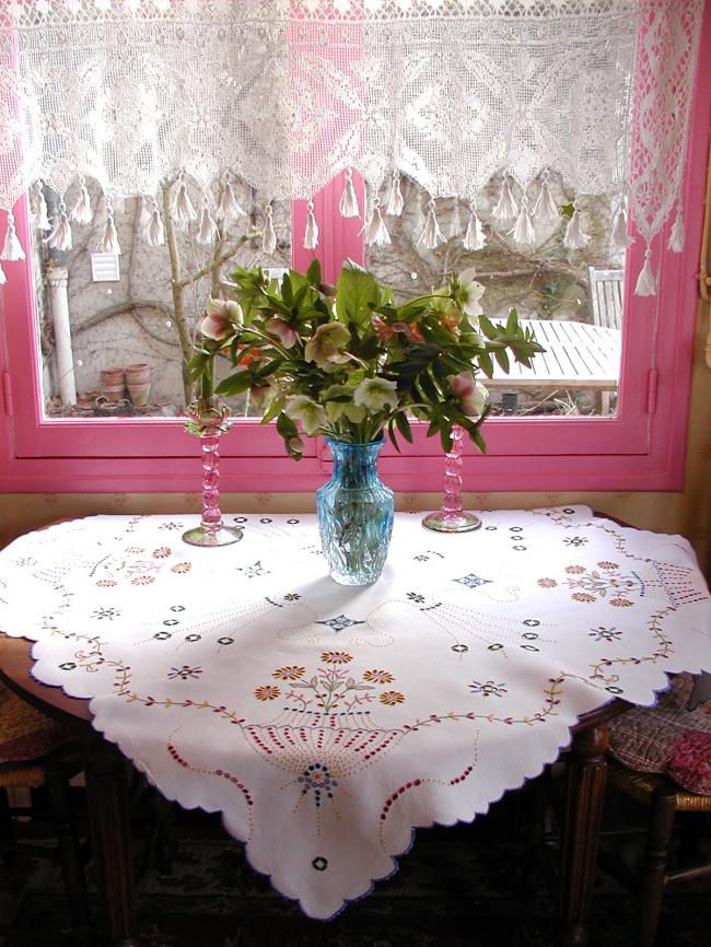 Absolutely striking Madeira tablecloth, with rich colourful embroidered vases