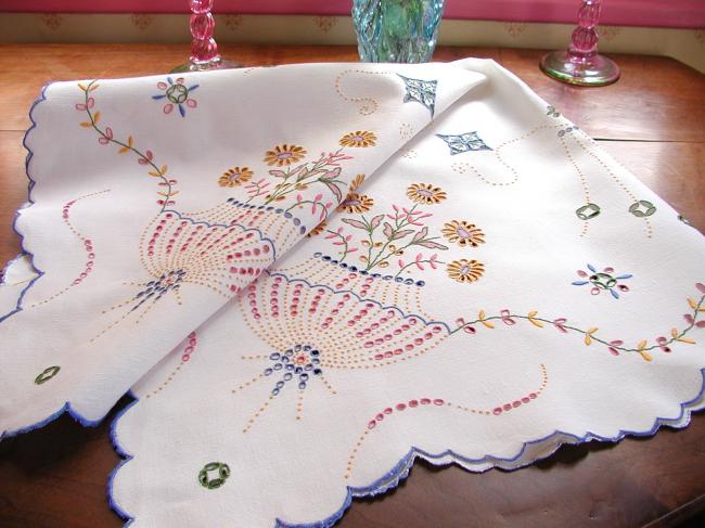 Absolutely striking Madeira tablecloth, with rich colourful embroidered vases