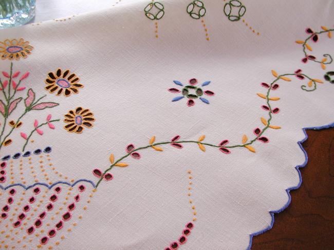 Absolutely striking Madeira tablecloth, with rich colourful embroidered vases