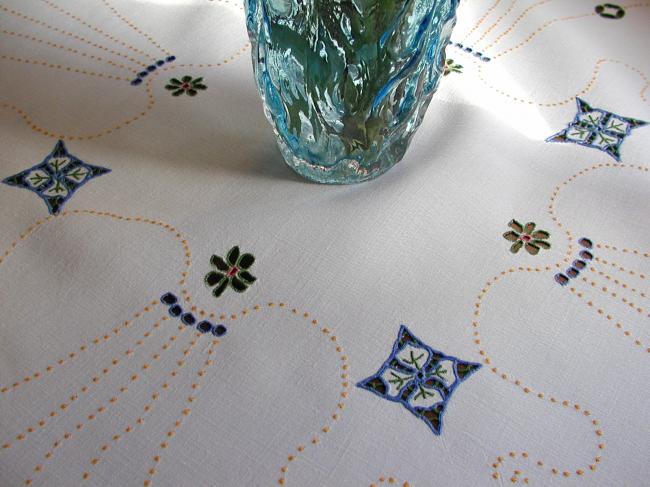 Absolutely striking Madeira tablecloth, with rich colourful embroidered vases