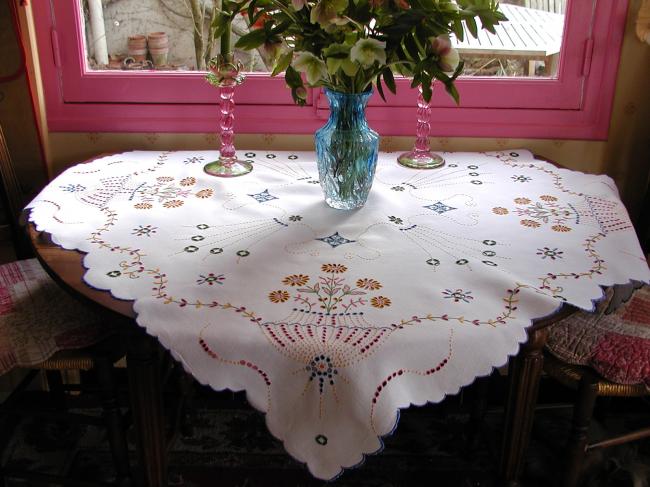 Absolutely striking Madeira tablecloth, with rich colourful embroidered vases