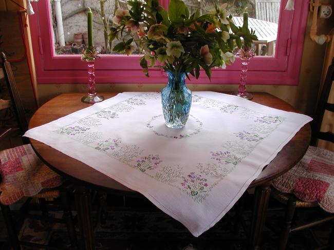 Breathtaking tablecloth with embroidered snowdrops and violets