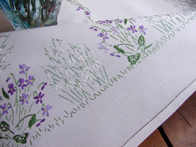 Breathtaking tablecloth with embroidered snowdrops and violets