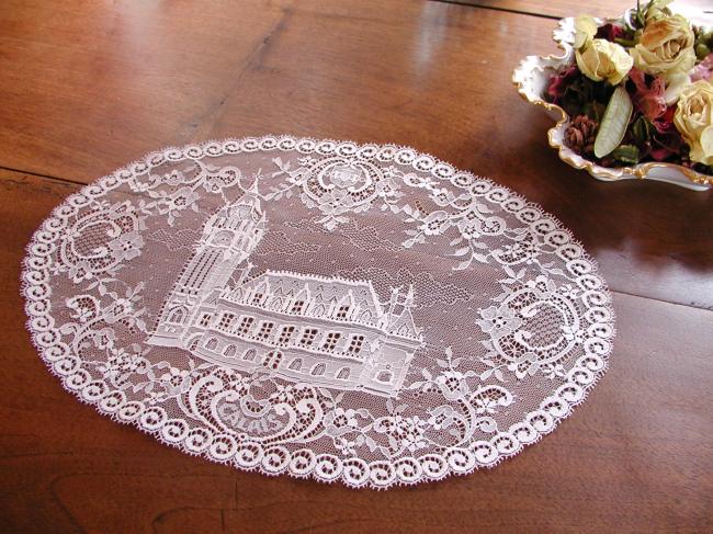 Lovely mecanic Calais lace oval doily, souvenir of Calais