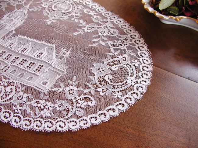 Lovely mecanic Calais lace oval doily, souvenir of Calais