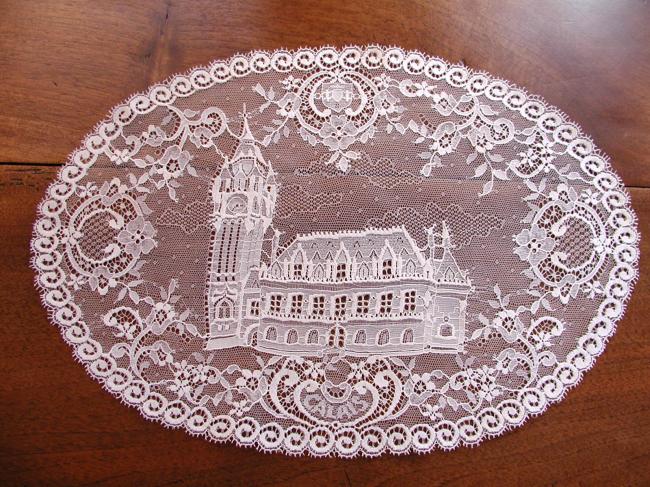 Lovely mecanic Calais lace oval doily, souvenir of Calais