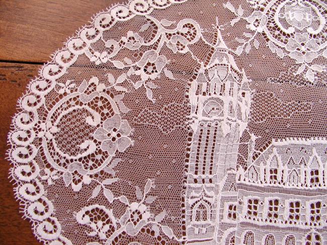 Lovely mecanic Calais lace oval doily, souvenir of Calais