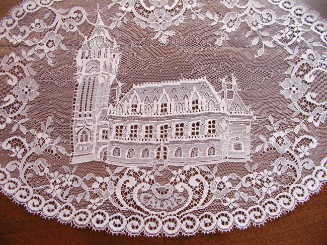 Lovely mecanic Calais lace oval doily, souvenir of Calais