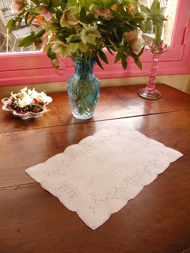 Gorgeous tray cloth with punch and white works, basket of flowers