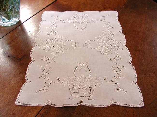 Gorgeous tray cloth with punch and white works, basket of flowers