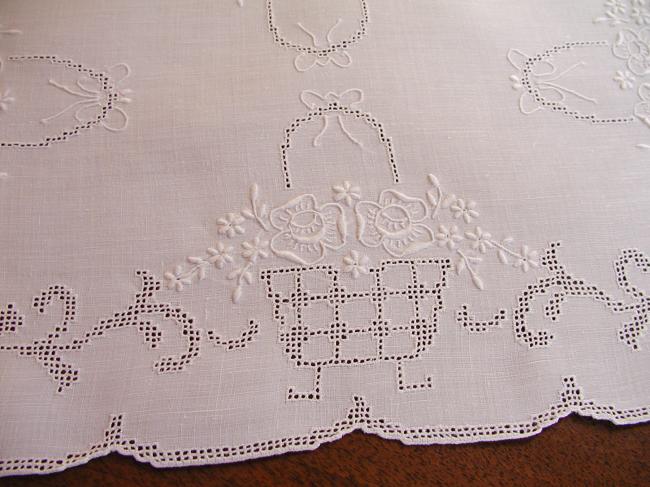 Gorgeous tray cloth with punch and white works, basket of flowers