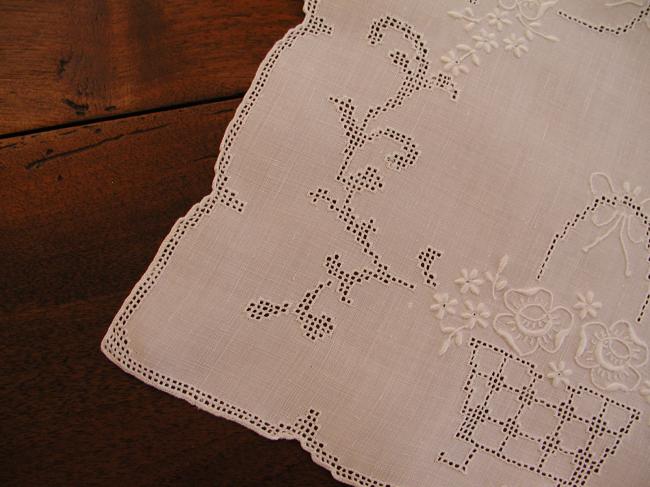 Gorgeous tray cloth with punch and white works, basket of flowers