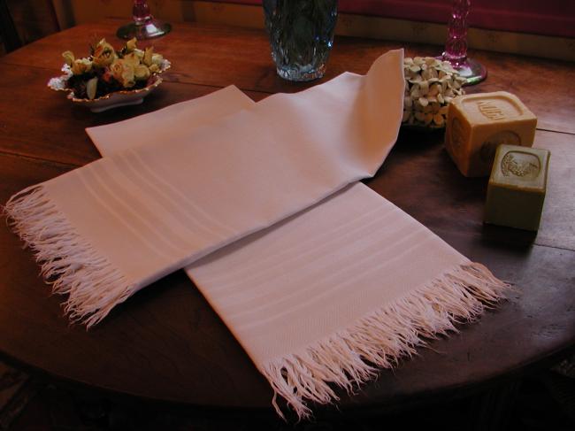 Georgeous pair of vintage bath towels in damask of linen with fringes