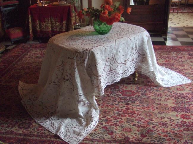 Exceptional huge banquet tablecloth with rich Madeira embroidery