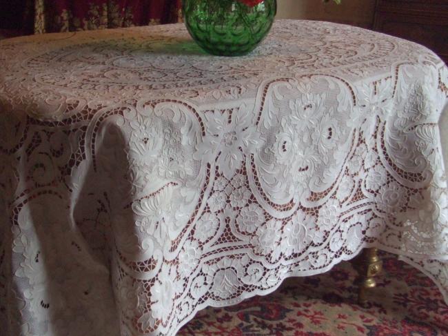 Exceptional huge banquet tablecloth with rich Madeira embroidery